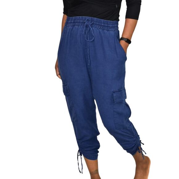 Zara Cargo Pants Blue High Waisted Ruched Crop Jogger Elastic Linen Size Small - Picture 14 of 14
